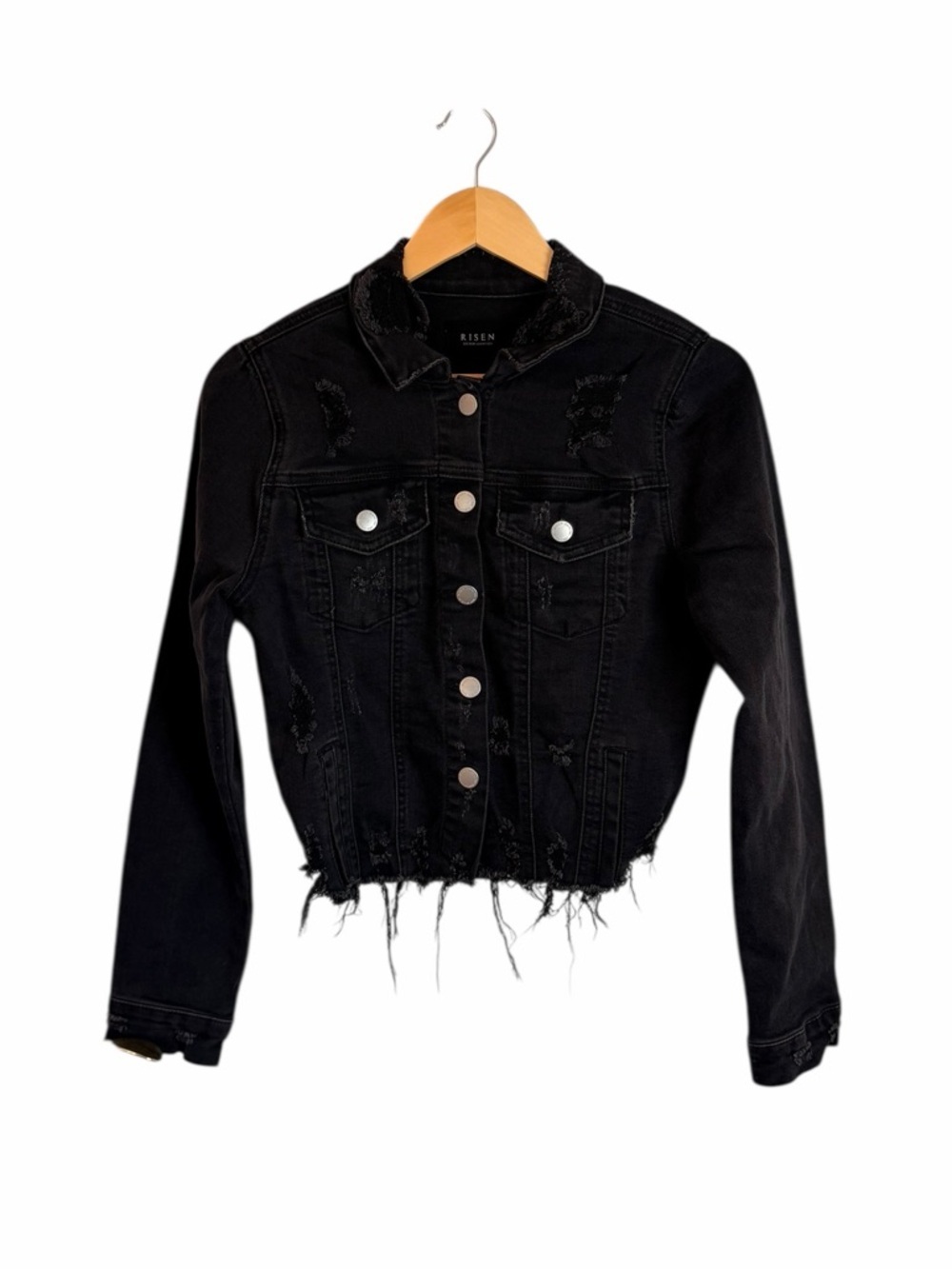 Risen Black Shirring Sleeve Crop Jacket Distressed Denim Women’s Sz Small - Picture 11 of 11